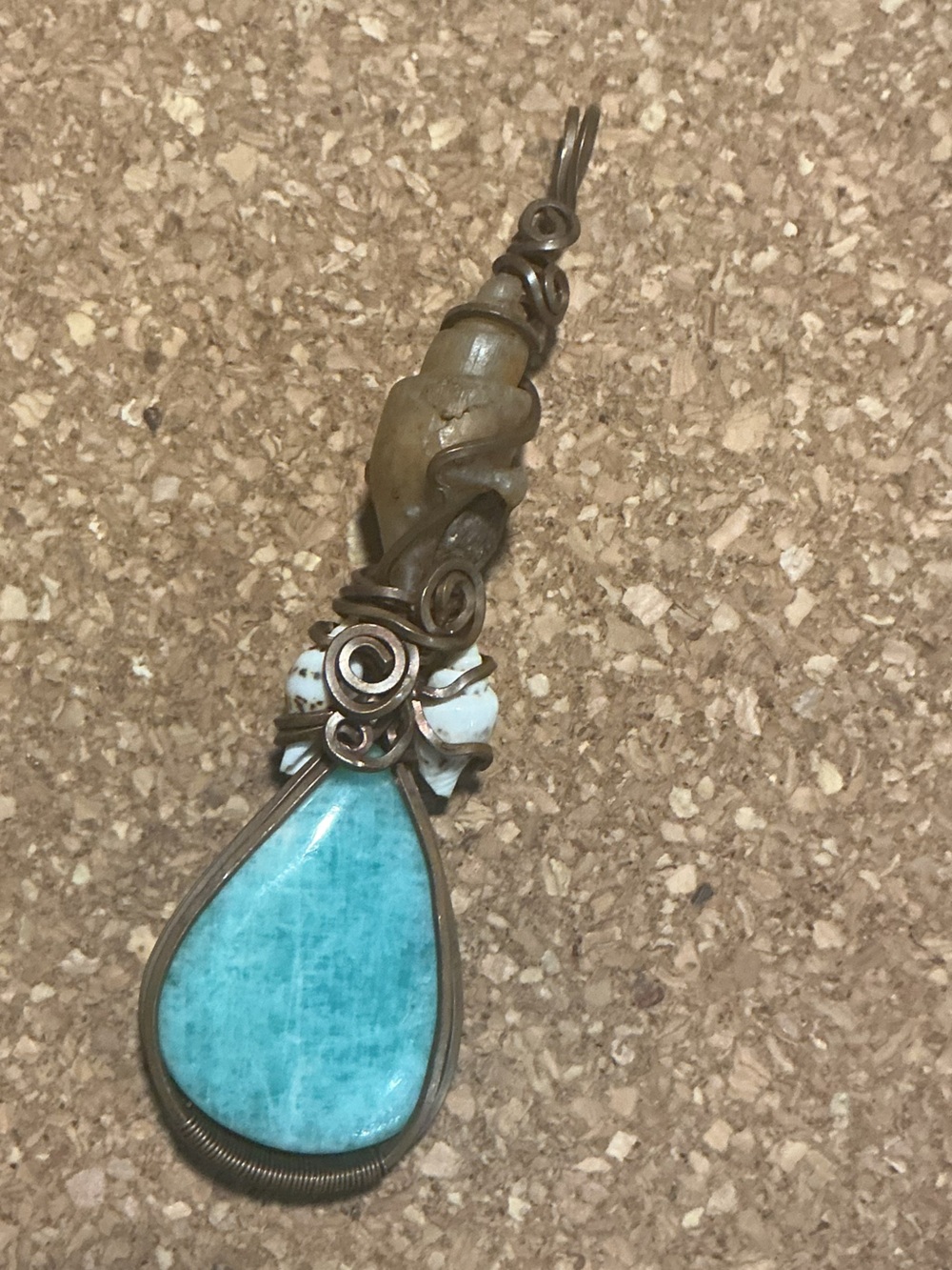 Handcrafted Turquoise Teardrop Pendant Necklace - Wire-Wrapped Shells and Fossil